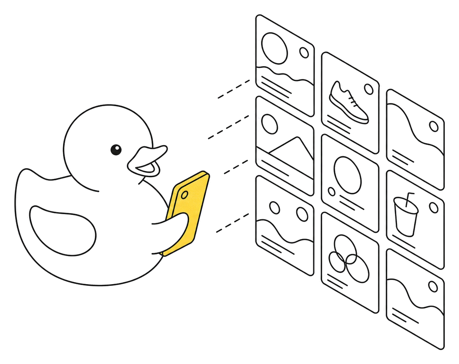 Уточка с телефоном и сеткой постов разных брендов